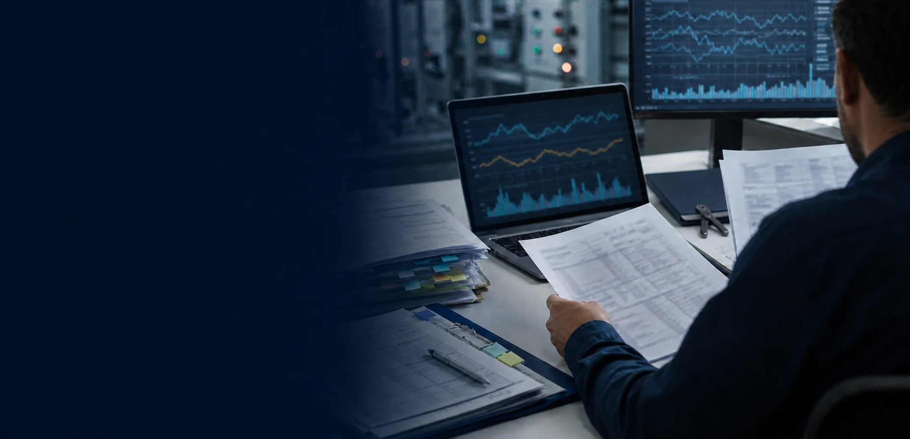 Analista revisando documentación eléctrica en un entorno industrial